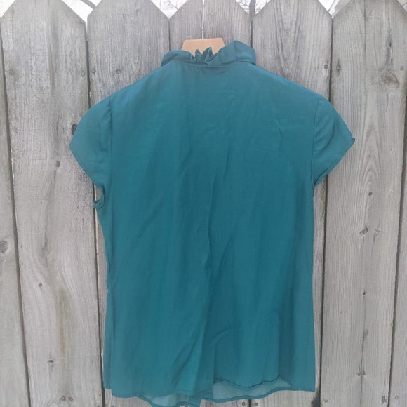 Talbots Teal Ruffle Neck Cotton/Silk Blouse - Sz 8 - Picture 7 of 12